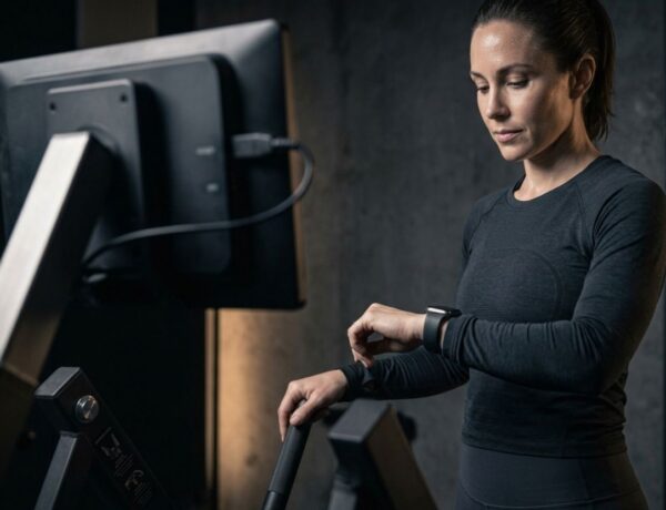 Woman checking smartwatch before adaptive resistance training session