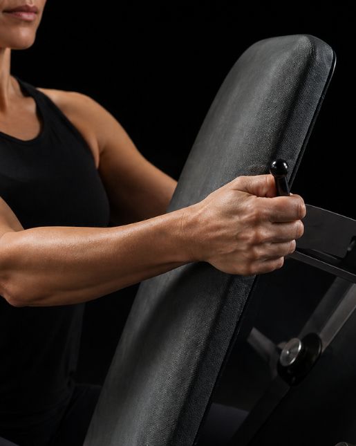 Close-up hand adjusting machine handle during strength training