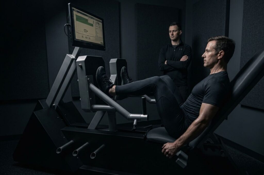 Man using ARX machine with trainer supervising workout