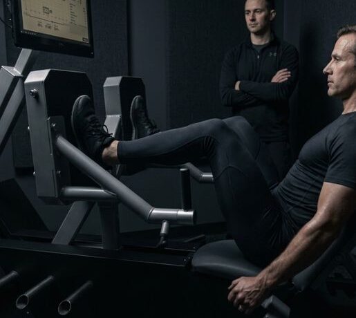 Man performing leg press with coach observing form