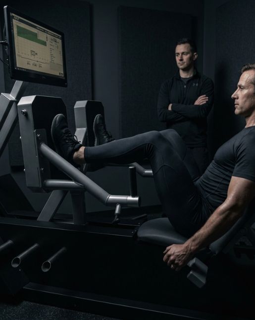 Man performing leg press with coach observing form
