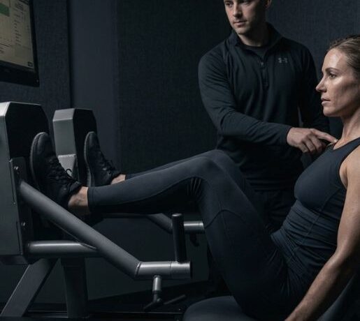 Trainer guiding woman through ARX leg press exercise