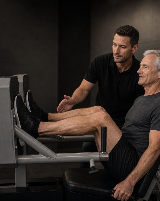 Trainer assisting senior man during ARX leg press exercise
