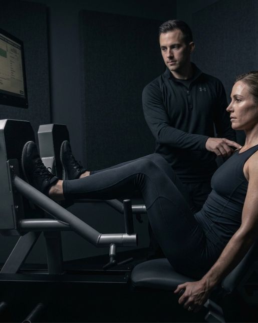 Trainer guiding woman through ARX leg press exercise