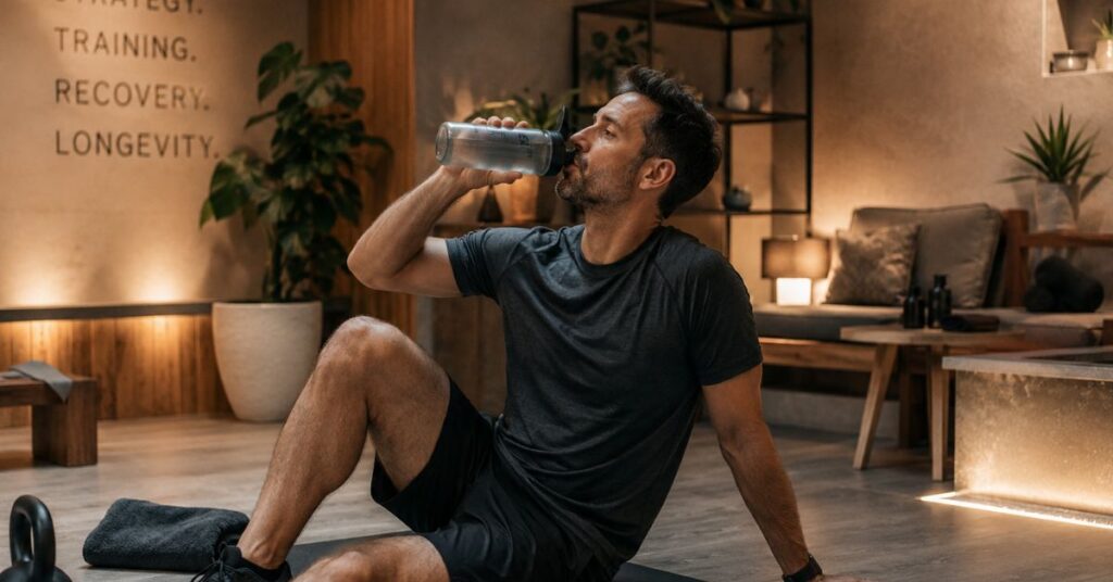 40-year-old man drinking water and doing light stretching in a quiet wellness lounge area