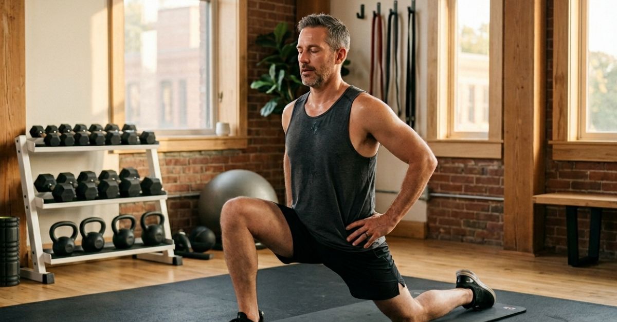 A 40-year-old man stretching and performing mobility work on a mat after a strength training session