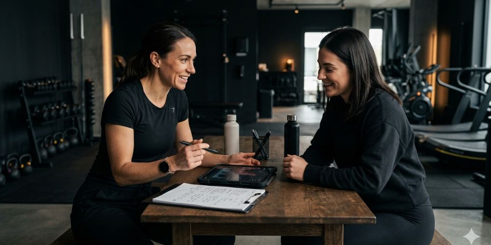 discussing a customized fitness plan with a clipboard and a digital tablet visible on the table between them.