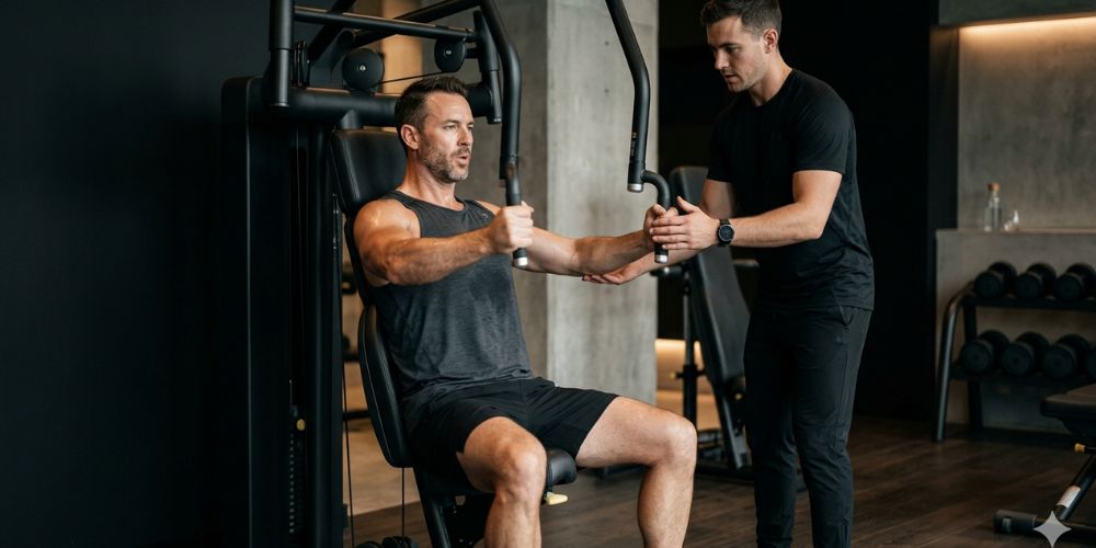 A 40-year-old man in athletic build training in a private luxury fitness studio with a personal coach.