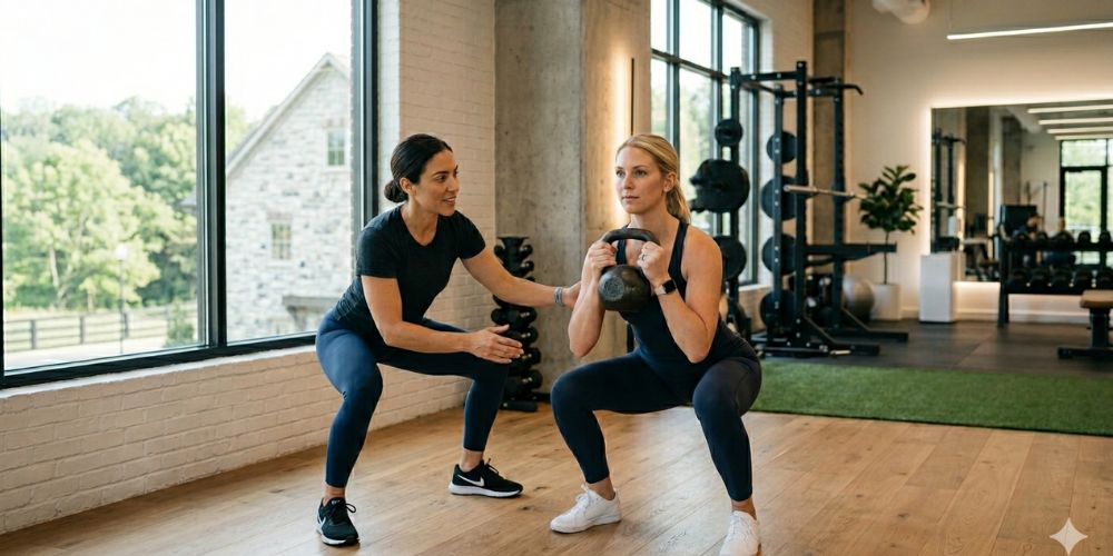 Female personal trainer coaching a woman during a strength training workout in a clean private fitness studio,