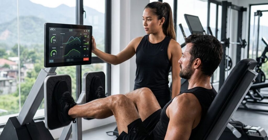 A client performing a strength exercise on ARX equipment while a trainer monitors performance data