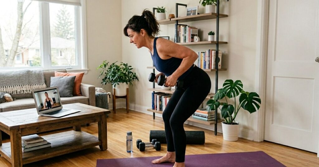 Adult client exercising at home with resistance bands, dumbbells, and a yoga mat in a clean living room