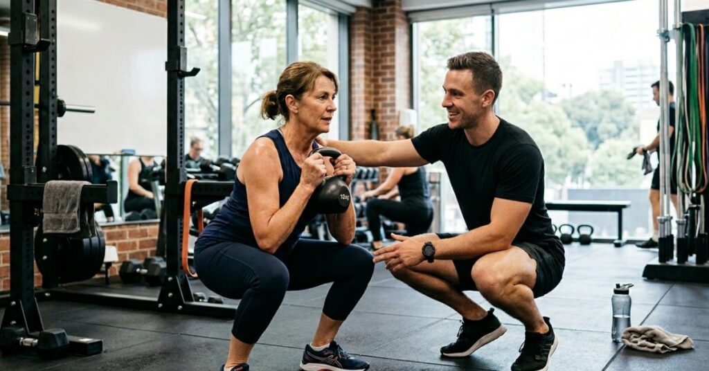 Personal trainer providing one-on-one coaching during a workout