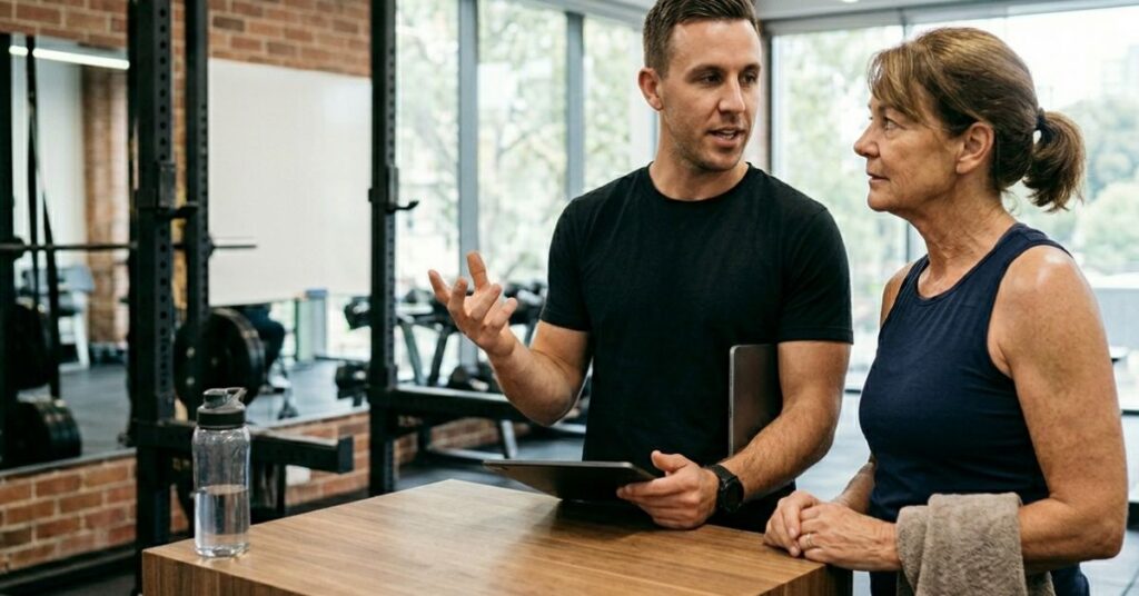 Personal trainer and client reviewing workout performance metrics on a tablet screen after a training session