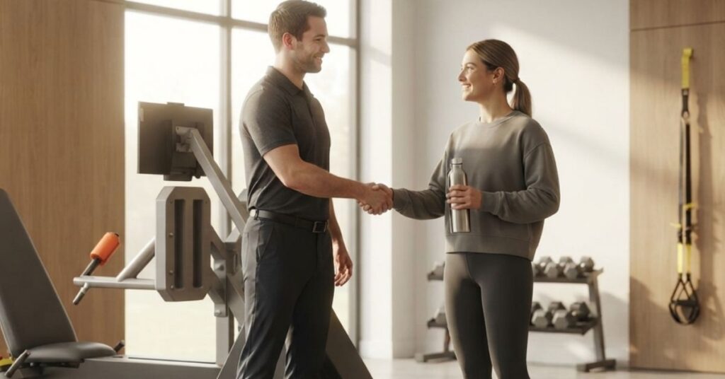 Coach conducting personalized strength assessment inside private fitness studio