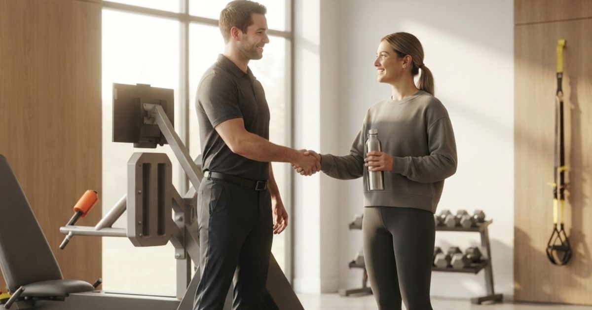 Coach conducting personalized strength assessment inside private fitness studio